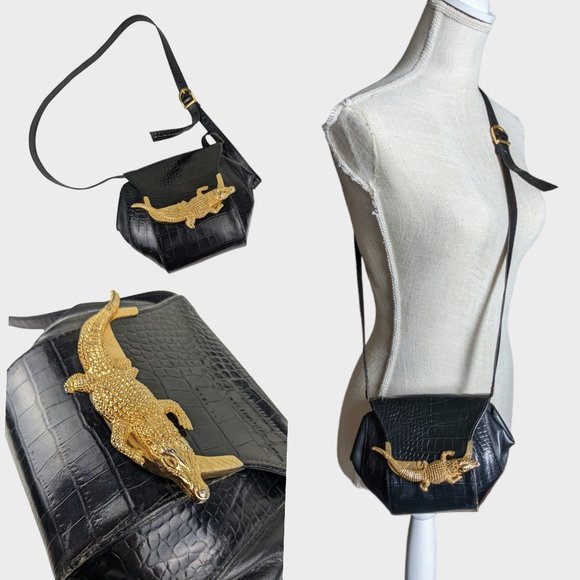 Handbags - Vintage Black Crossbody Brass Alligator Purse Made In USA